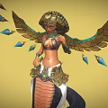 Game Movie Character in Egyptian Style With Golden Wings Snake Motifs Ornate Outfit Blue Decorations