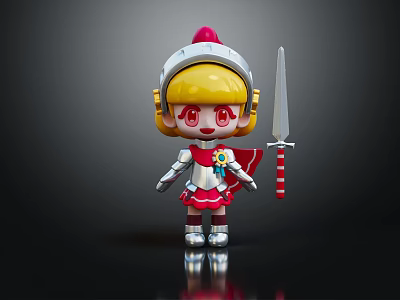 Cartoon Style Game and Movie Character in Silver Armor with Red Cape and Long Sword 3d model