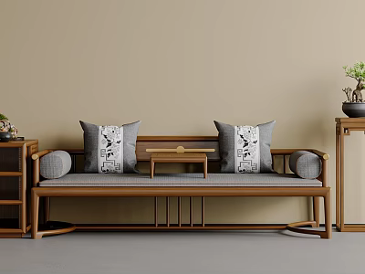 Elegant New Chinese Style Solid Wood Luohan Bed With Soft Cushions And Decorative Pillows 3d model