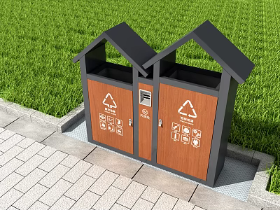 Public Twin Waste Sorting Bins With Wooden Panels Black Roofs Green Grass And Paved Walkway 3d model