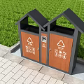Public Twin Waste Sorting Bins With Wooden Panels Black Roofs Green Grass And Paved Walkway