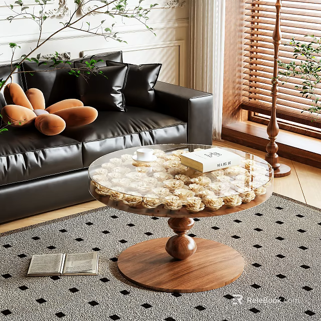 Round Coffee Table With Clear Glass Top And Wooden Base Featuring Plush Toys Near Sofa In Living Room 3d model 