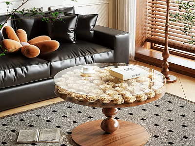Round Coffee Table With Clear Glass Top And Wooden Base Featuring Plush Toys Near Sofa In Living Room 3d model