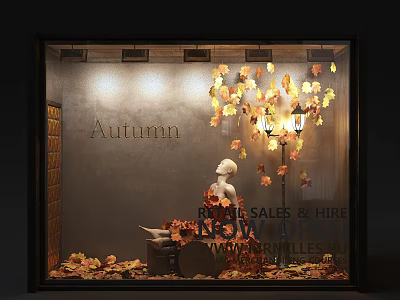Model Showcasing Autumn Themed Window Display With Fall Leaves And Rental Hire 3d model