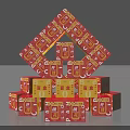 Red And Yellow Stacked Boxes With Chinese Auspicious Symbols In Pyramid Formation