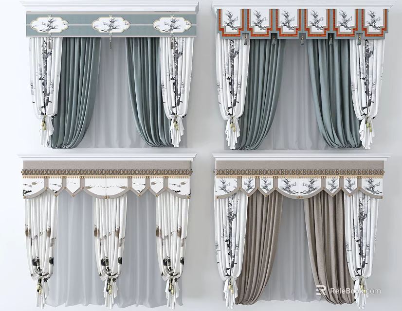 Elegant Curtain Designs With Gray Beige Fabrics Decorative Valances And Fringe Details 3d model 