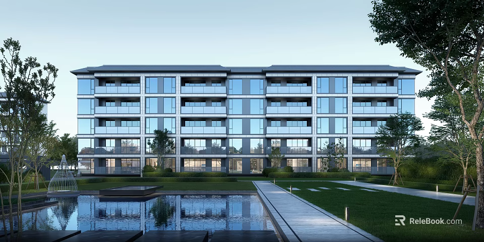 Modern Style Residential Building with Glass Windows Multiple Floors Greenery Water Feature and Pathway 3d model 