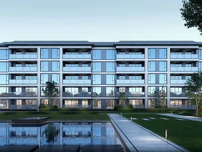 Modern Style Residential Building with Glass Windows Multiple Floors Greenery Water Feature and Pathway 3d model
