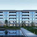 Modern Style Residential Building with Glass Windows Multiple Floors Greenery Water Feature and Pathway