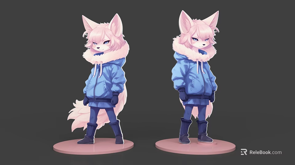 Cute Pink Fox Game Movie Character With Blue Hoodie Dark Pants Standing Pose 3d model 