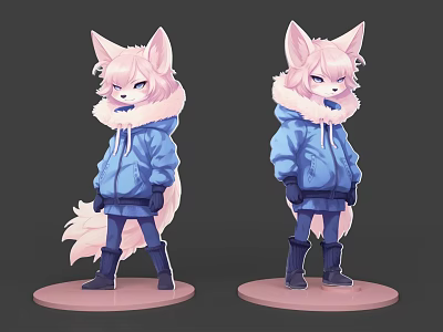 Cute Pink Fox Game Movie Character With Blue Hoodie Dark Pants Standing Pose 3d model