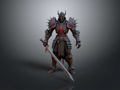 Mythical Warrior In Spiked Red Black Armor Holding Sharp Sword 3d model