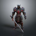 Mythical Warrior In Spiked Red Black Armor Holding Sharp Sword