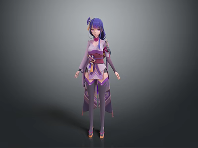 Elegant Woman With Purple Hair Wearing Traditional Purple And Pink Outfit 3d model
