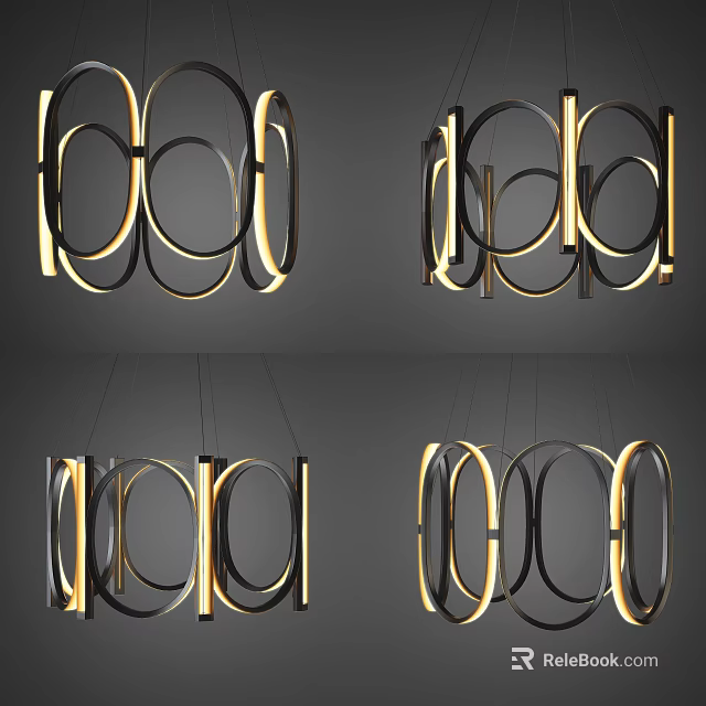 Modern Circular Chandeliers With Black Gold Frames And Warm LED Lights 3d model 