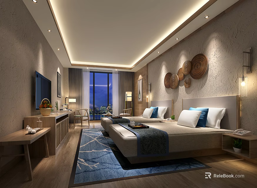 Modern Hotel Guest Room Interior With Comfortable Bed Large Window And Decorative Wall Art 3d model 