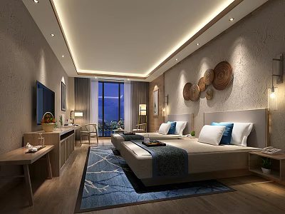 Modern Hotel Guest Room Interior With Comfortable Bed Large Window And Decorative Wall Art 3d model