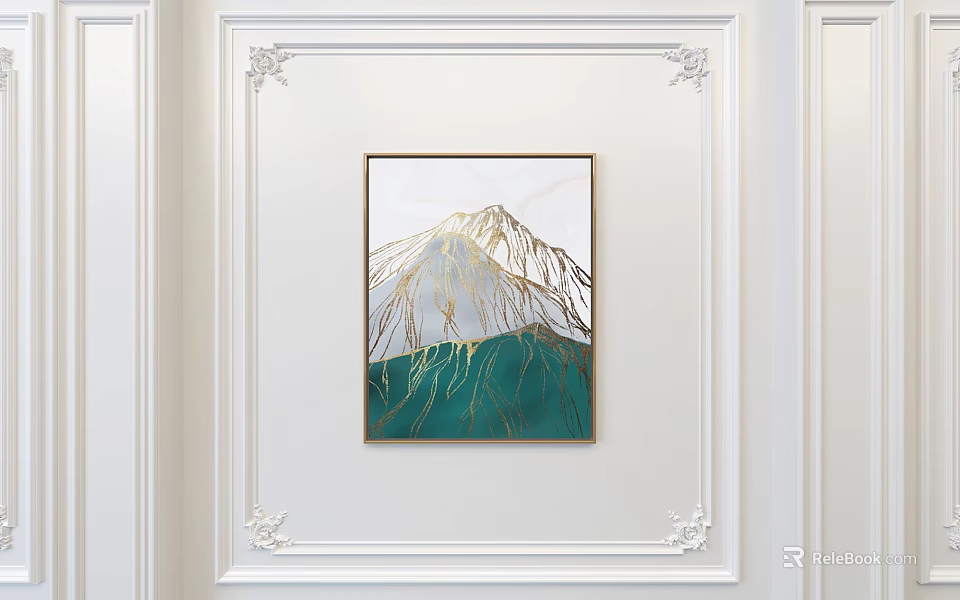 Decorative Mountain Artwork With Golden Lines On White Wall With Carvings 3d model 