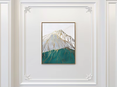 Decorative Mountain Artwork With Golden Lines On White Wall With Carvings 3d model