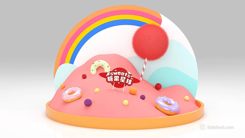 Vibrant Candy Planet Scene With Rainbow Donuts Colorful Candies And Red Pompom Lollipop 3d model 