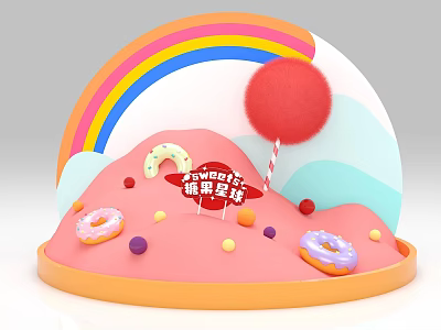 Vibrant Candy Planet Scene With Rainbow Donuts Colorful Candies And Red Pompom Lollipop 3d model