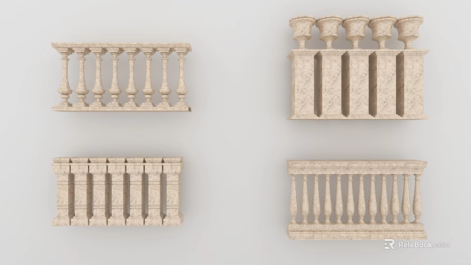 Beige Stone Railings Featuring Various Decorative Designs and Classic Baluster Styles for Architectural Decoration 3d model 