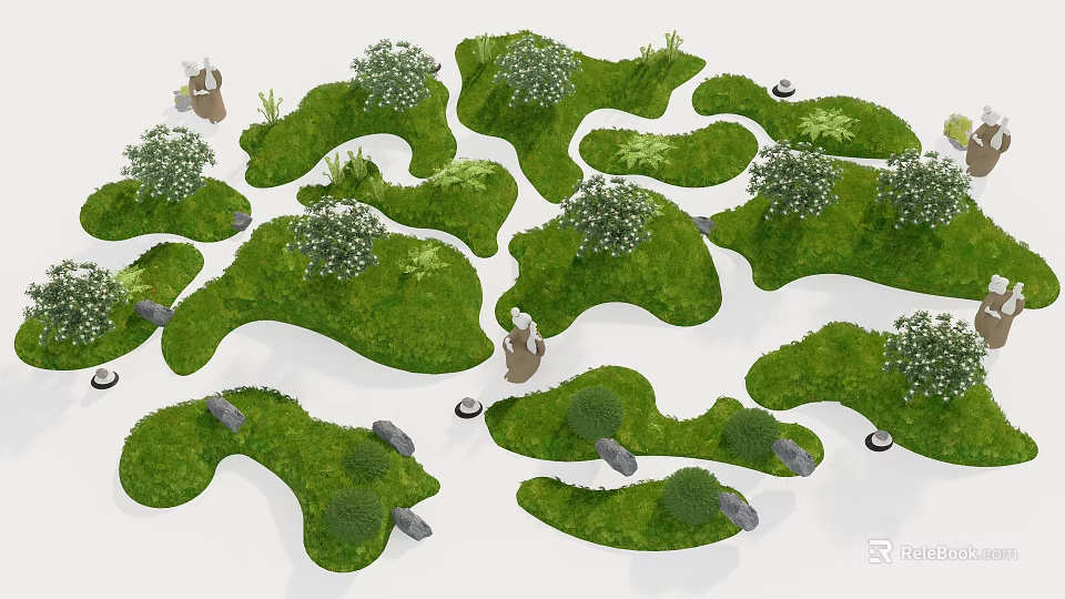 Artistic Garden Ornaments With Curved Green Lawns Small White Flowers And Stone Decorations 3d model 