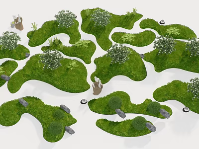Artistic Garden Ornaments With Curved Green Lawns Small White Flowers And Stone Decorations 3d model