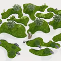 Artistic Garden Ornaments With Curved Green Lawns Small White Flowers And Stone Decorations