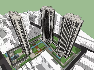 Modern High Rise Residential Buildings With Urban Green Areas And Cityscape View 3d model