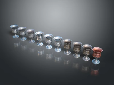 Different Colored Wine Glasses Arranged In A Row On Black Reflective Surface With Reflections 3d model