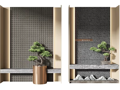 Modern Chinese Background Wall With Woven Texture Potted Pine And Stone Mountains 3d model