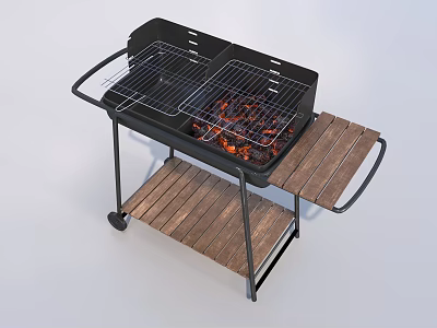 Outdoor Portable Charcoal Grill With Double Grills Burning Charcoal Wooden Shelf And Rolling Wheels Design 3d model
