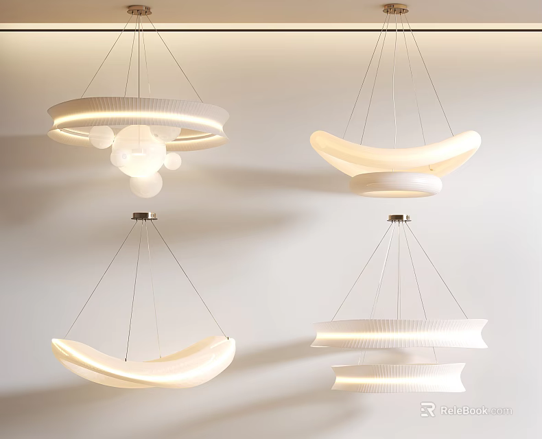 Modern Interior Design With Unique Shaped White Chandeliers And Soft Lighting 3d model 