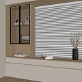 Modern Bay Window Cabinet With Wooden Display Shelves Blinds And Vase