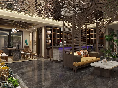 Traditional Chinese Hotel Lobby Interior With Wooden Screens Bookshelves And Sofa Seating 3d model