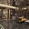Traditional Chinese Hotel Lobby Interior With Wooden Screens Bookshelves And Sofa Seating