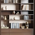Modern Wooden Bookcase With Open Shelves Books Decorative Sculptures Vases And Drawers