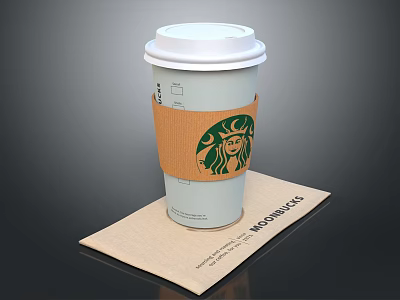 Starbucks Paper Cup With White Lid Brown Sleeve Logo On Beige Coaster MOCKBROS Text 3d model