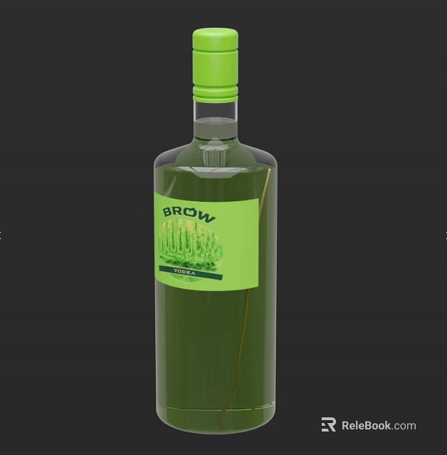 BROW Brand Wine Bottle And Wine Glass With Green Label On Dark Background 3d model 