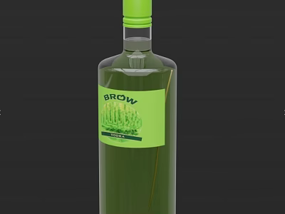 BROW Brand Wine Bottle And Wine Glass With Green Label On Dark Background 3d model