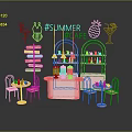 Pink Cafe Furniture With Neon Signs Tables Chairs Bar Counter And Decorations