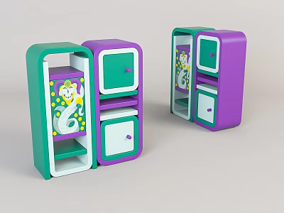 Colorful Purple And Green Decorative Cabinets With Drawers And Open Shelves 3d model