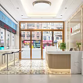 Modern Pharmacy Interior Design With Dispensing Windows Medicine Shelves And Blue Stools