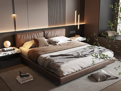 Modern Brown Leather Double Bed In Bedroom With Nightstand Lamp And Green Plants 3d model