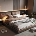 Modern Brown Leather Double Bed In Bedroom With Nightstand Lamp And Green Plants