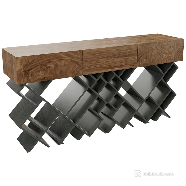 Modern Wooden Console Table With Geometric Metal Wine Rack Base Design 3d model