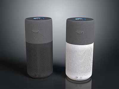 Two Modern Smart Speakers with Gray and White Cylindrical Mesh Surface and Top Indicator Lights 3d model