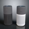 Two Modern Smart Speakers with Gray and White Cylindrical Mesh Surface and Top Indicator Lights