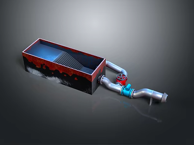 Industrial Rectangular Container With Blue Liquid Black Grid Silver Pipes And Valves 3d model